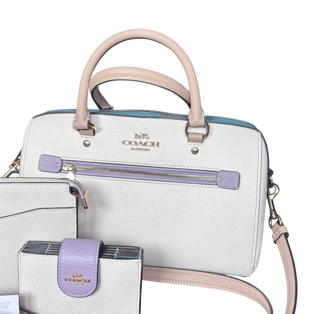Coach Rowan Colorblock Satchel Purse Wallet Set White Chalk Purple Teal Leather